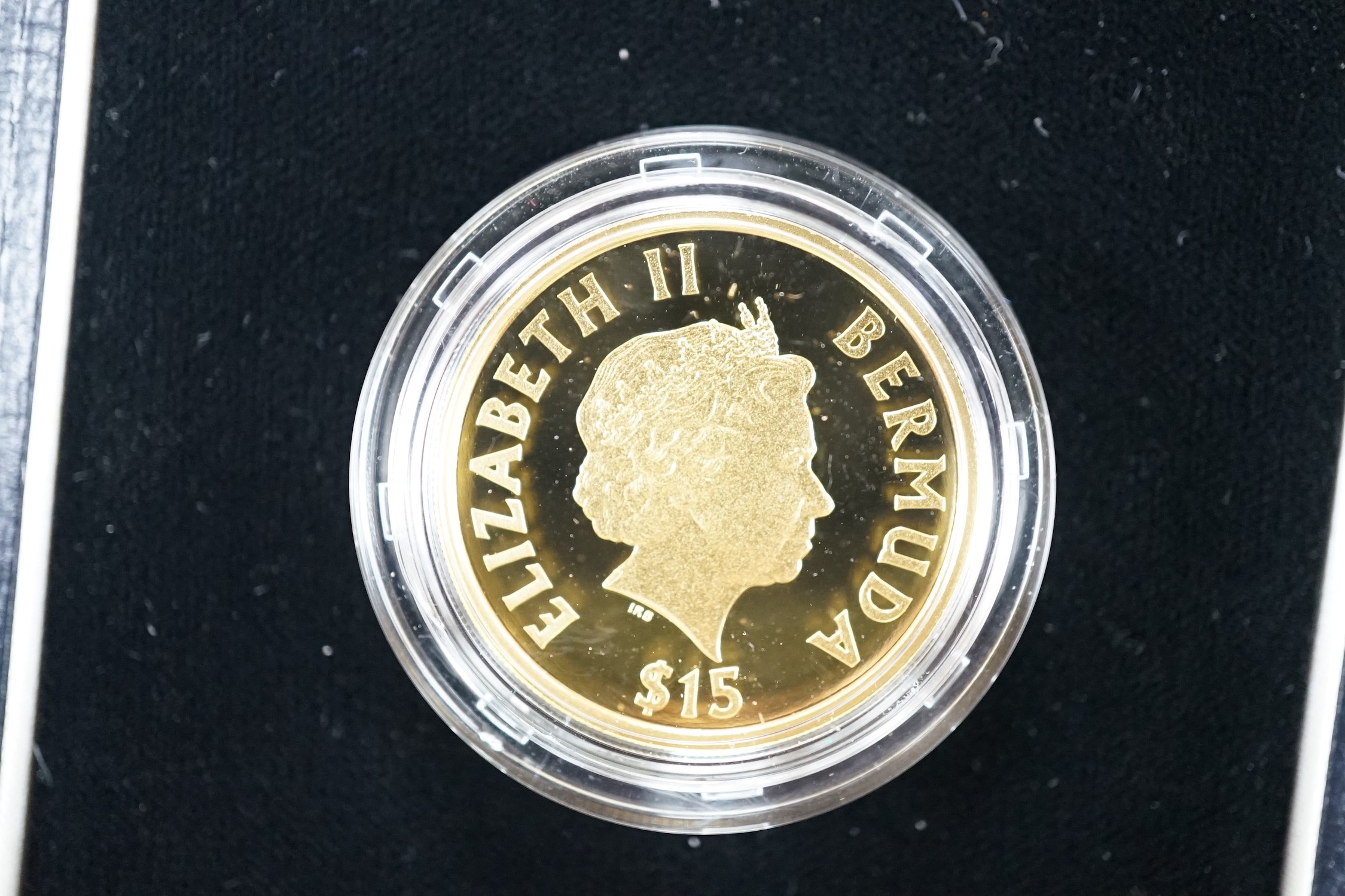 A cased Tall Ships Bermuda 2000 Race of the Century Commemorative gold proof $15 coin, with certificate, no. 0387.
